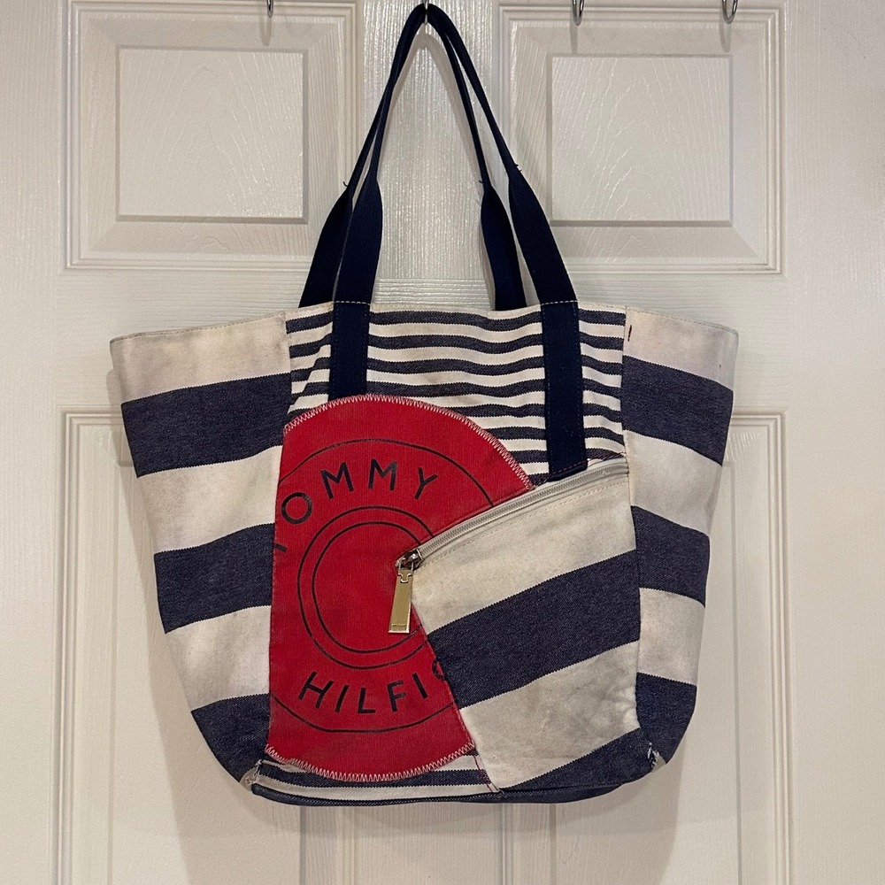 Tommy Hilfiger Striped Canvas Tote Bag Navy White Red Large Nautical Handbag